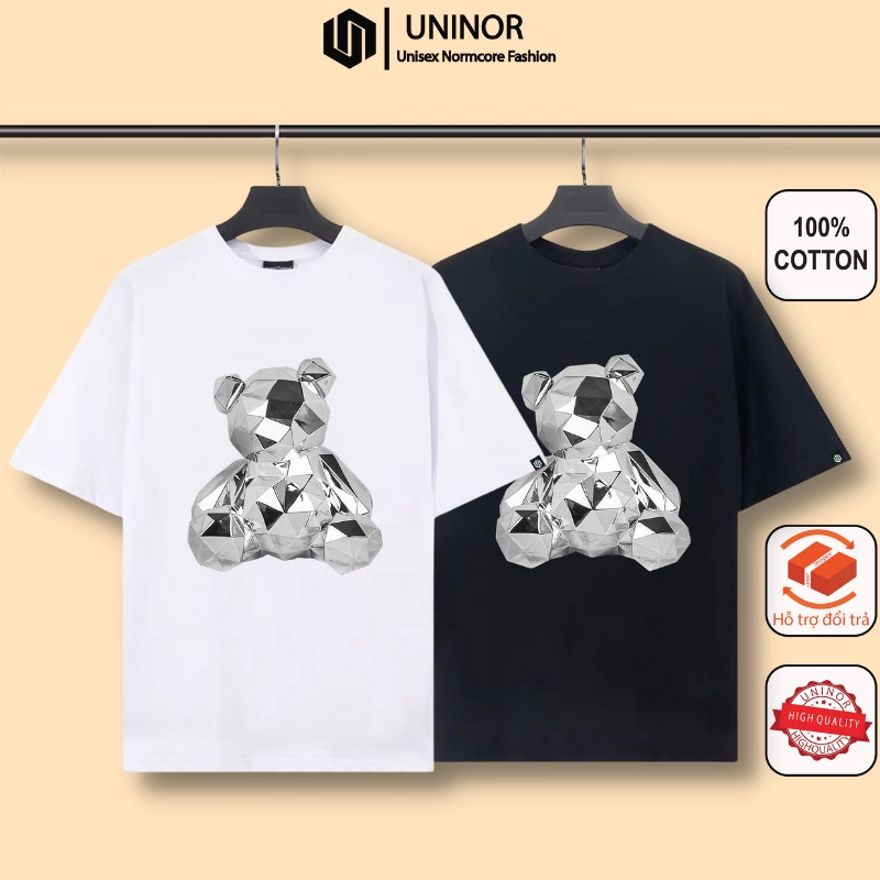 Áo thun tay lỡ Unisex form rộng 100% cotton áo phông nam nữ thời trang in hình Bear hiệu ứng bạc