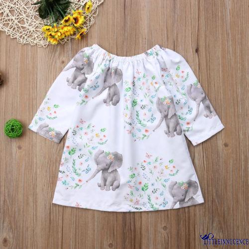 ❤XZQ-New 0-4 Years Baby Gilr´s White Elephant Printed Dress Tops Skirt Outfits Dresses