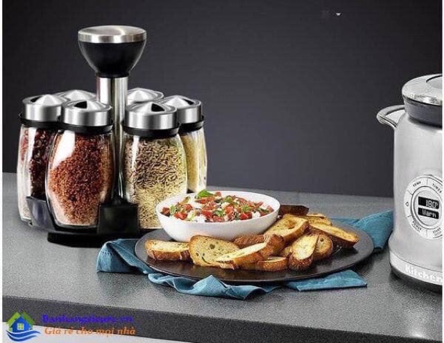 Bộ 6 hũ gia vị thuỷ tinh cao cấp kèm đế xoay sang chảnh