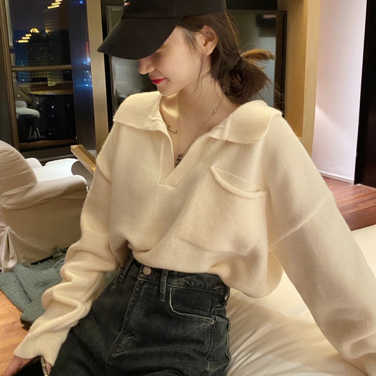 Áo sweater SUXI cổ polo dáng rộng phong cách vintage Hàn Quốc cho nữ
