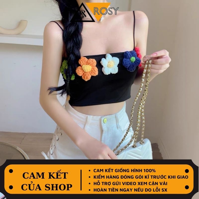 Áo 2s croptop chất borip gân phối ticker hoa cúc đan bằng len siêu đáng yêu