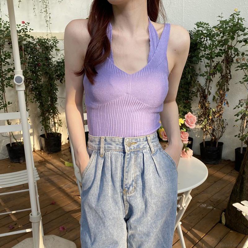 Áo Hai Dây Dệt Kim Màu Trơn Dáng Ôm Phong Cách Gợi Cảm Cho Nữ