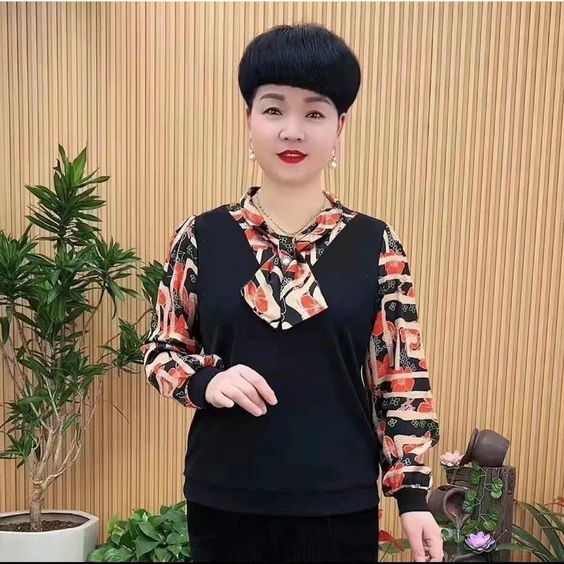 Áo Thun Tay Dài Dáng Rộng Phong Cách Phương Tây Thời Trang Mùa Thu Cho Phụ Nữ Trung Niên