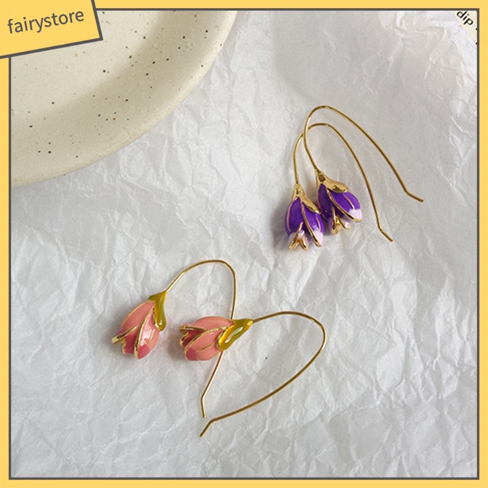 Khuyên tai dáng dài mặt hình hoa tulip phong cách vintage tùy chọn màu sắc