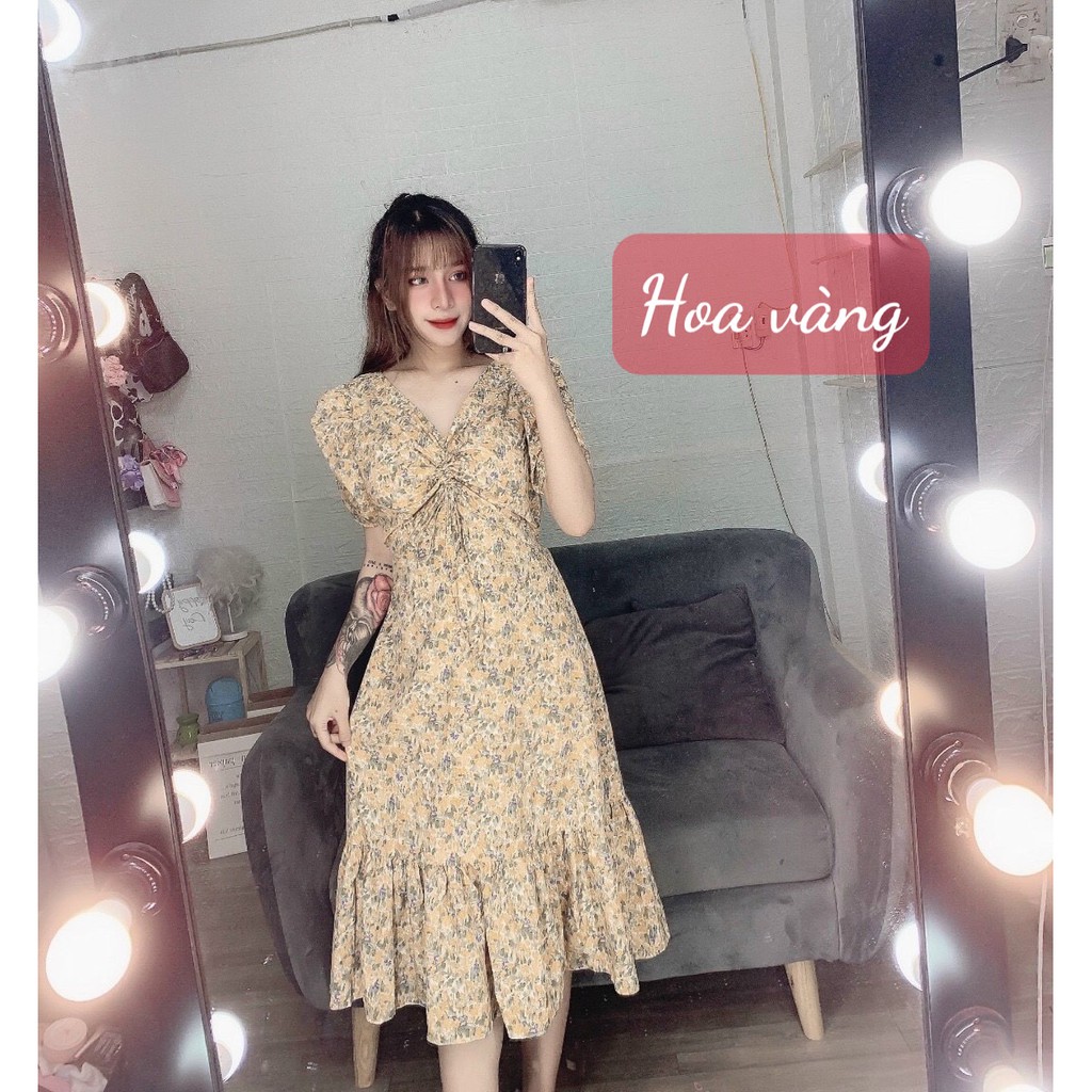 Đầm hoa nhí rút dây ngực + Ảnh thật