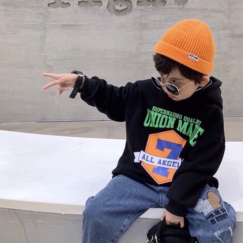 Áo hoodie unisex Chan Chan form rộng nỉ nam nữ Số 7 Akgeles, thời trang thu đông cho trẻ em từ 4 đến 10 tuổi