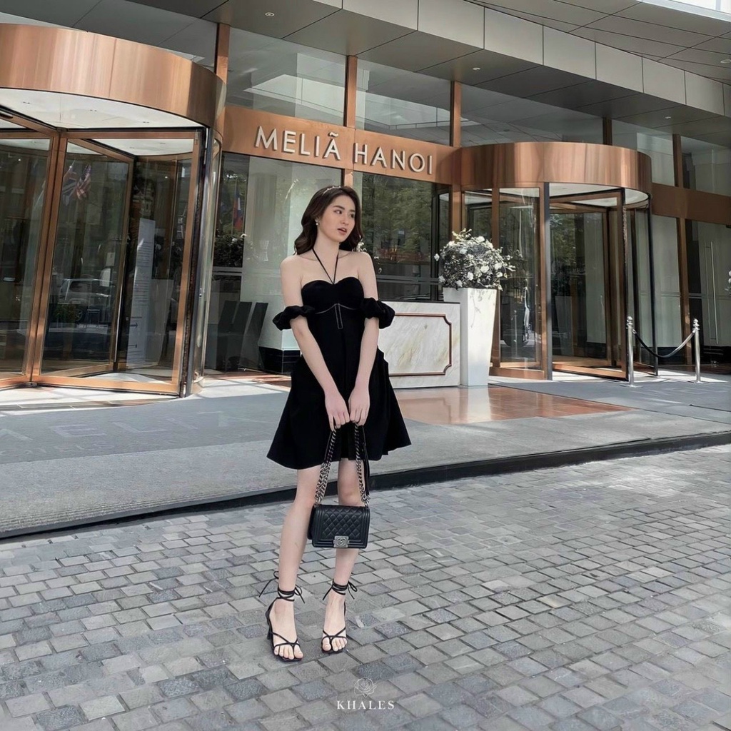 Đầm nữ thời trang mặc đi chơi chất đũi dây cột cổ tay búp trễ vai váy xoè phong cách