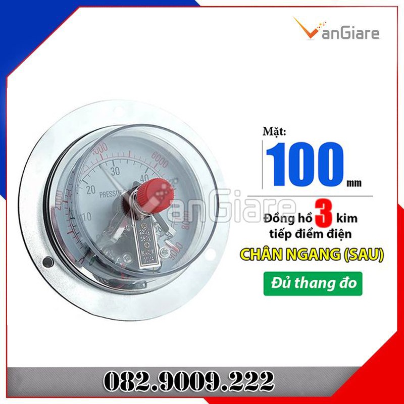 Đồng hồ đo áp suất 3 kim tiếp điểm điện chân ngang, mặt 100