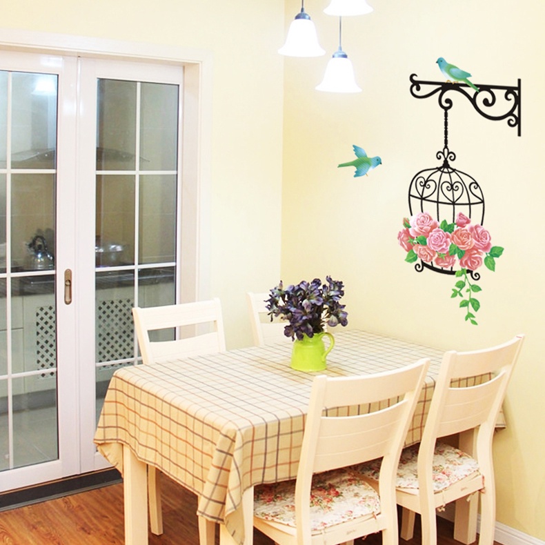 Sticker Dán Tường Họa Tiết Lồng Chim Và Hoa Dùng Trang Trí Phòng Khách / Phòng Ngủ