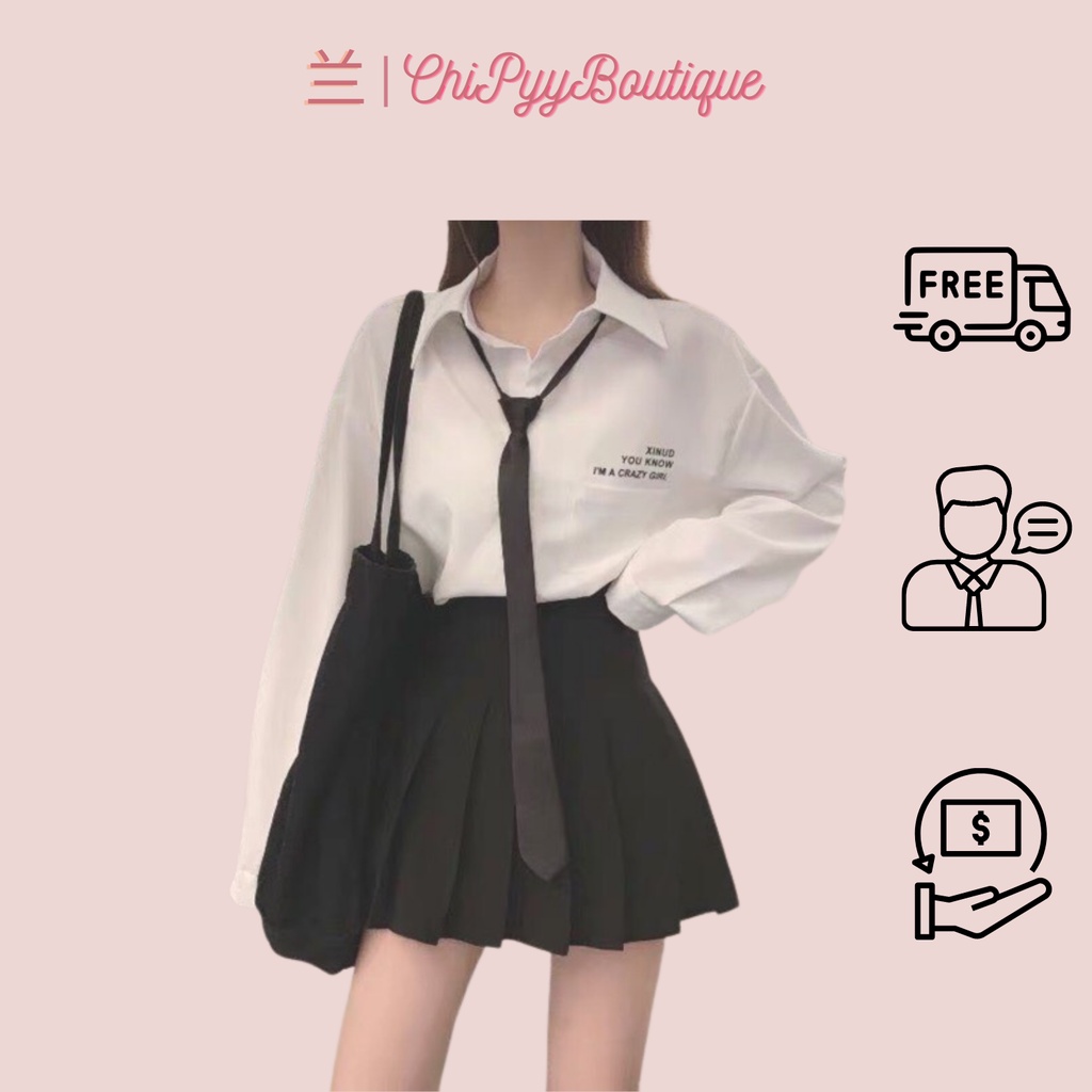Sơ mi trắng tay dài túi ngực dáng suông phối chữ kèm cà vạt đen unisex form rộng freesize dưới 70kg