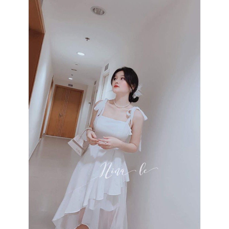 Váy trắng dự tiệc 2s thắt nơ vạt chéo phối voan sheer sang chảnh nina lê