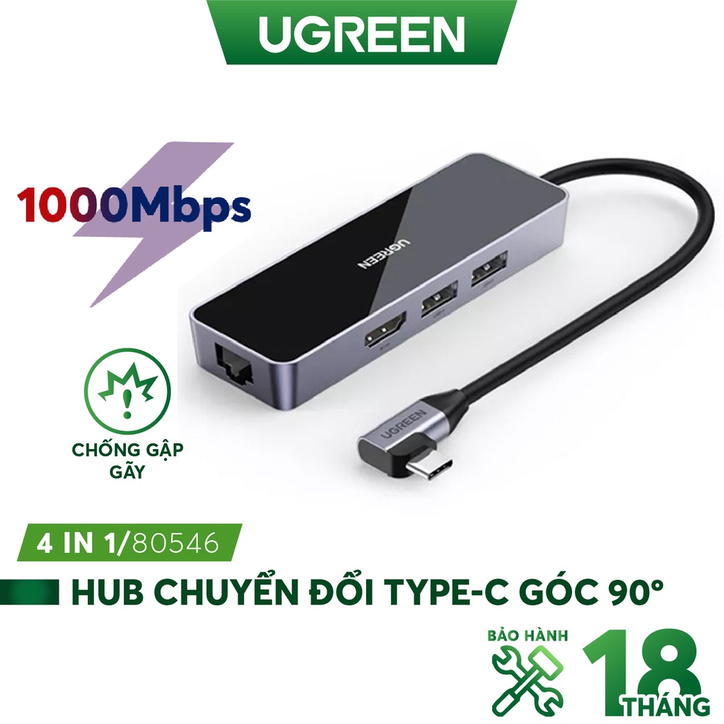 Bộ chuyển Type-C 80546 Bẻ Góc 90 Độ HDMI 4K*2K + 2xUSB 3.0 + Lan 1Gbps Cao cấp