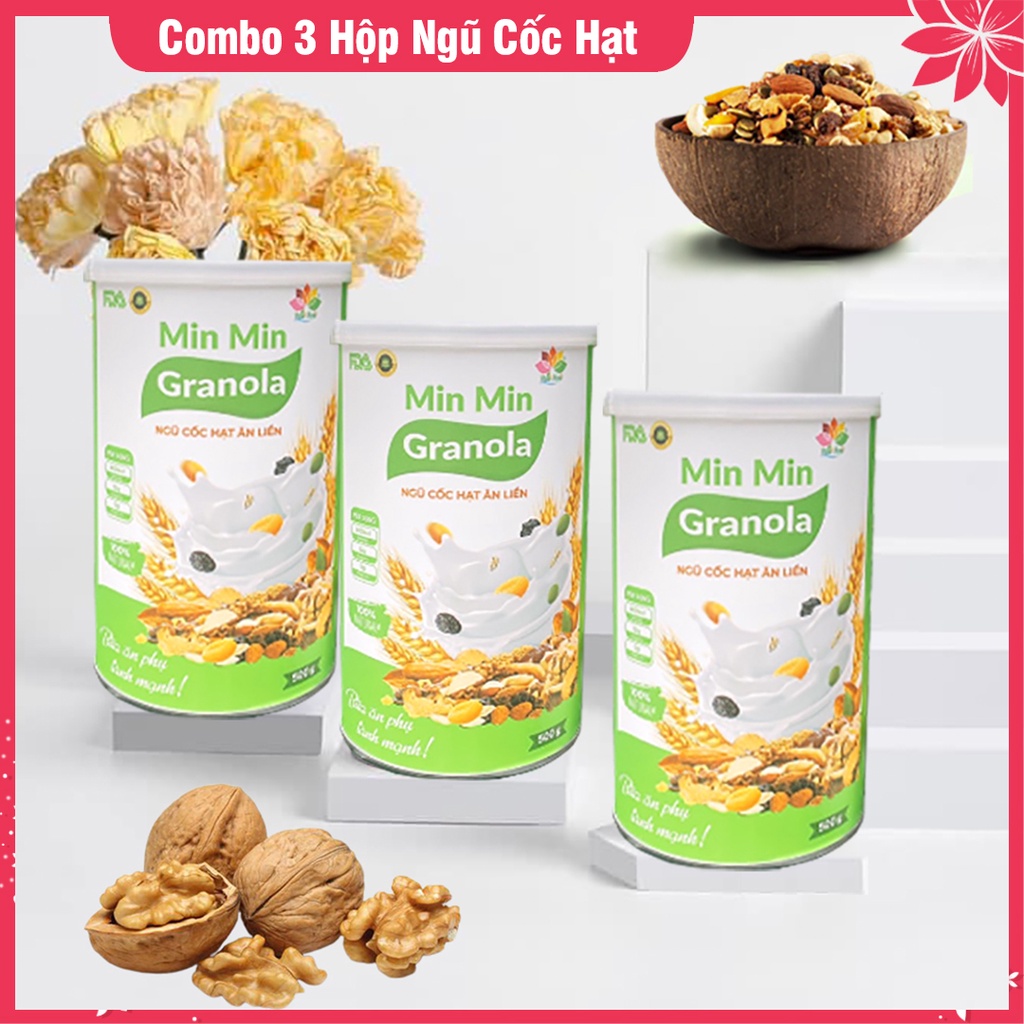 [Combo 3 Hộp] Ngũ Cốc Min Min Nguyên Hạt Ăn Liền Cao Cấp Hộp 500gr -  Chuẩn Granola Min Min