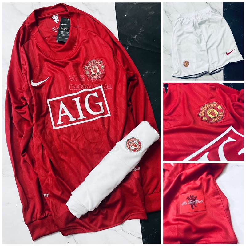 Set bộ quần áo thể thao bóng đá nam nữ dài tay clb mu manchester united aig đỏ 2008