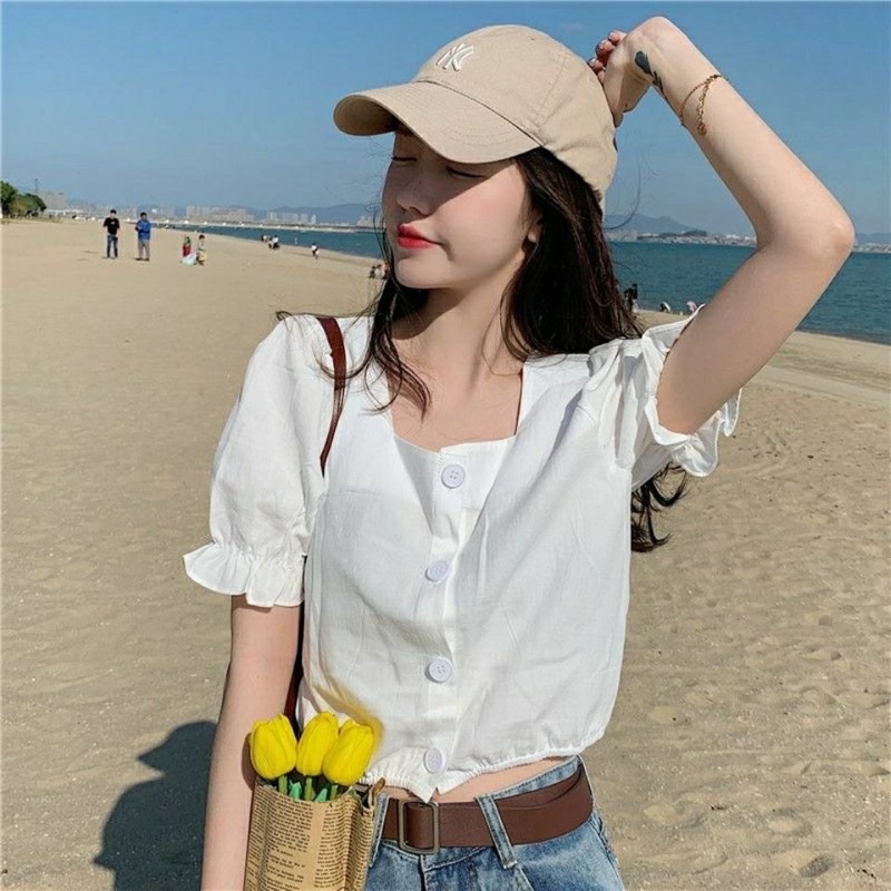 Áo Kiểu Tay Phồng Ngắn Cổ Vuông Phong Cách Retro Hong Kong Cho Nữ