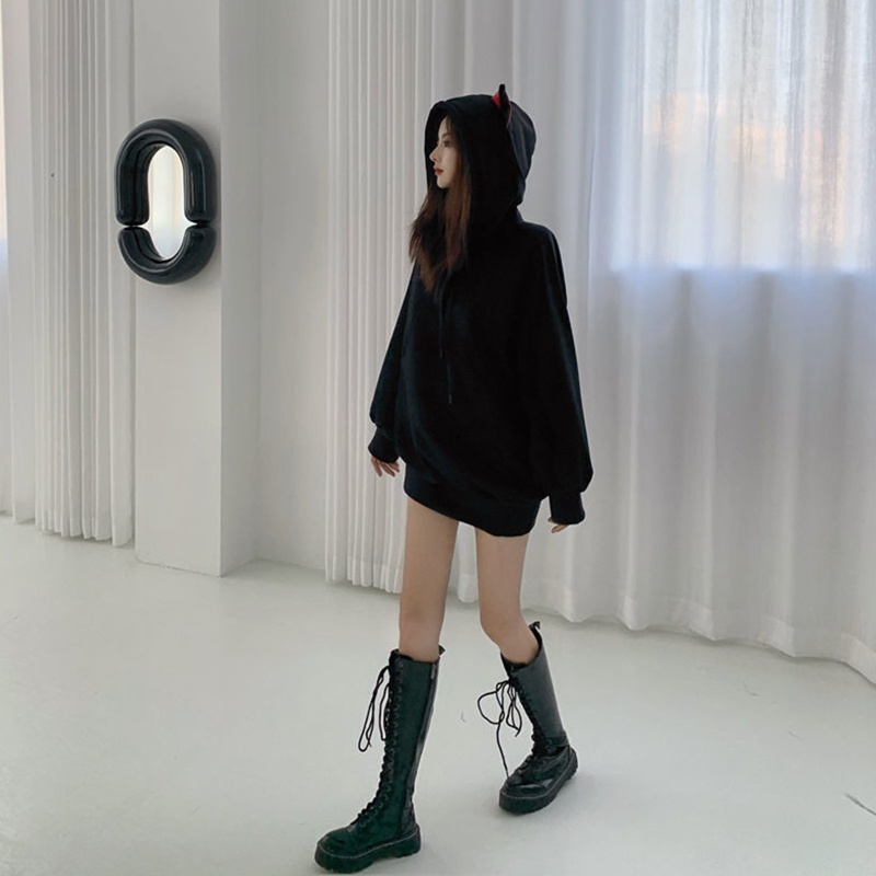 Áo Hoodie Tay Dài Dáng Rộng Phối Dây Rút Đính Tai Mèo Phong Cách Gothic Dễ Thương Cho Nữ