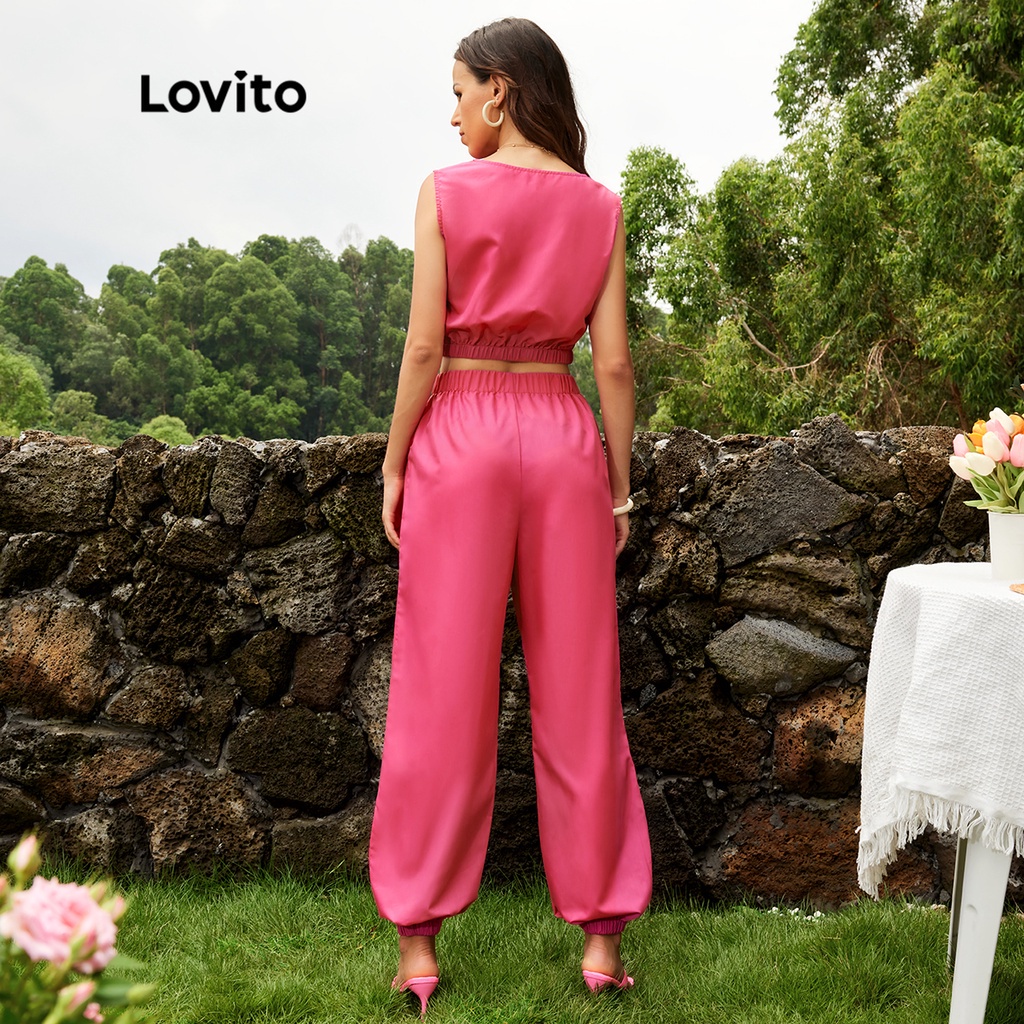 Lovito Bộ quần áo không tay có ren trơn đơn giản L24LD058 (Hồng nóng)