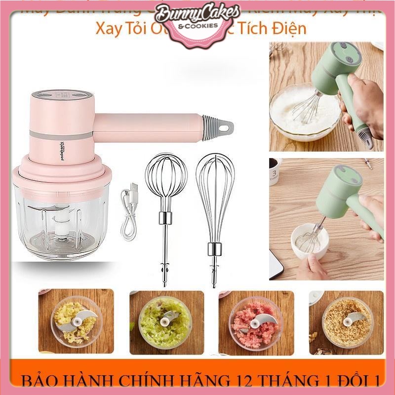 Máy Đánh Trứng Kiêm Xay Thịt, Xay Tỏi Ớt Mini Cầm Tay 3 Trong 1 Không Dây