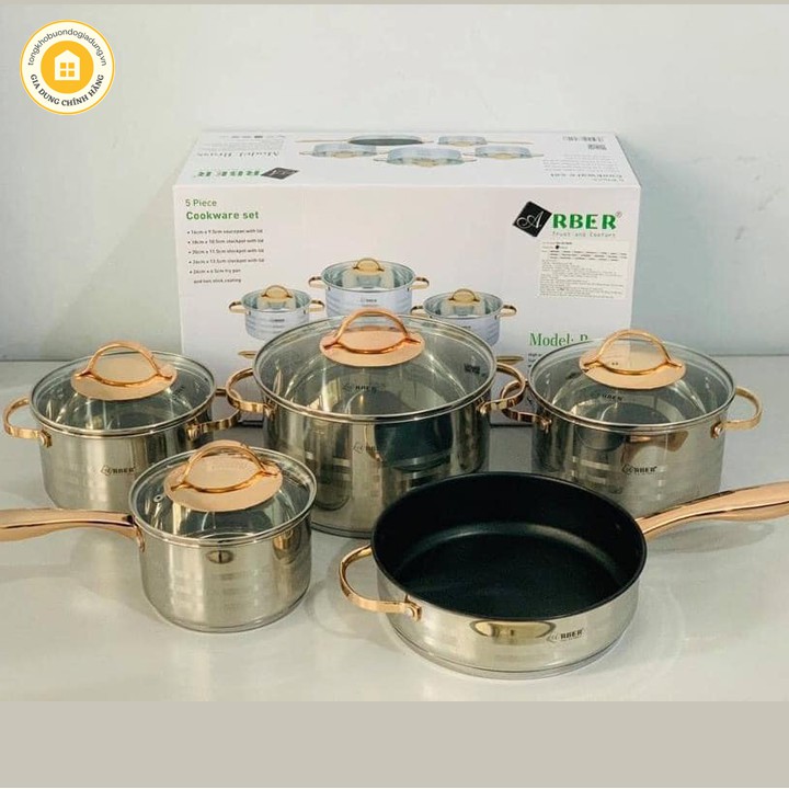 Bộ Nồi ARBER 5 Món BRASS - Có Nắp Vung Kính