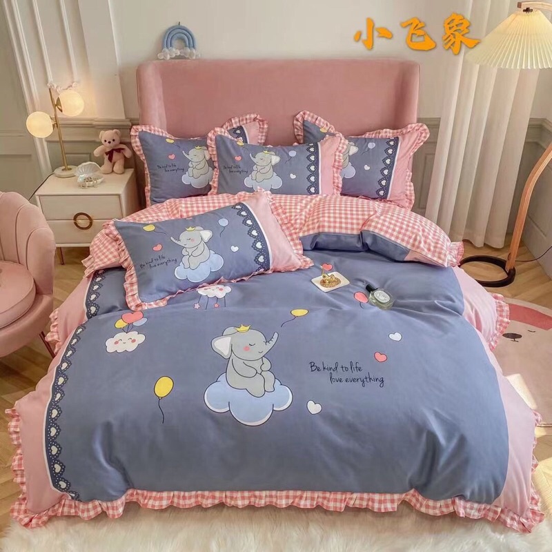Trọn bộ 4 món vỏ chăn ga và hai vỏ gối cotton bèo hoạt tính mềm mịn mát