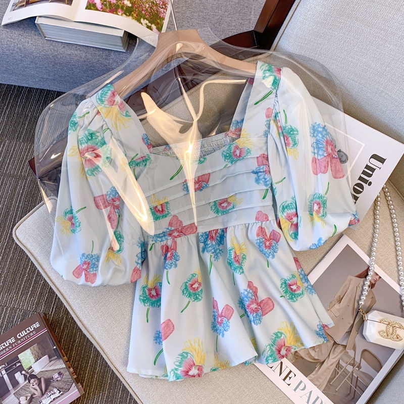 Áo Kiểu Tay Ngắn Cổ Vuông In Hoa Thời Trang Mùa Hè Xinh Xắn Cho Nữ