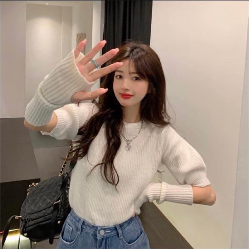 Set áo len trắng kèm áo hai dây jean denim croptop kèm quần jean dài ống suông đứng dày dặn - Order taobao quảng châu