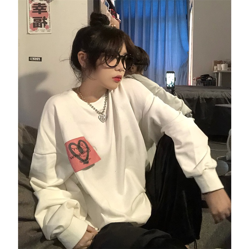 Áo Sweater Cổ Tròn Tay Dài Dáng Rộng Màu Đen Phong Cách Retro Mỹ Dành Cho Nữ