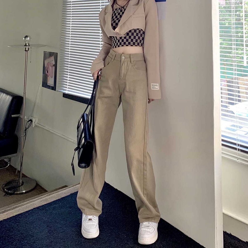 Quần jean dài SUXI ống rộng lưng cao màu sắc đơn giản thời trang Hàn Quốc cho nữ