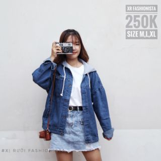 [Đủ size M,L,XL] Áo khoác bò màu xanh đậm có nón unisex form rộng có size nam nữ