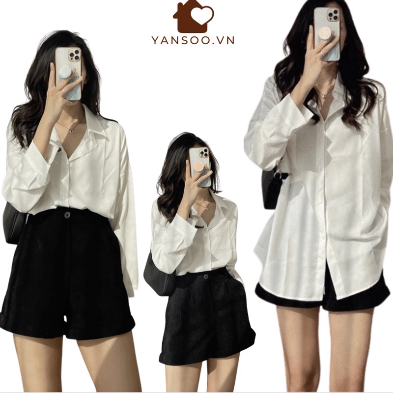 Áo somi trắng from rộng có túi ngực basic chất lụa thái không nhăn hàng đẹp by YANSOO