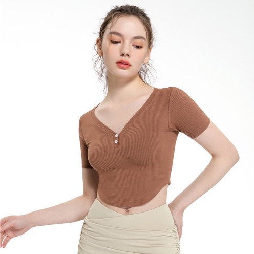 Áo kiểu HOPPE FUMENG cotton tay ngắn cổ chữ V thời trang trẻ trung dành cho nữ