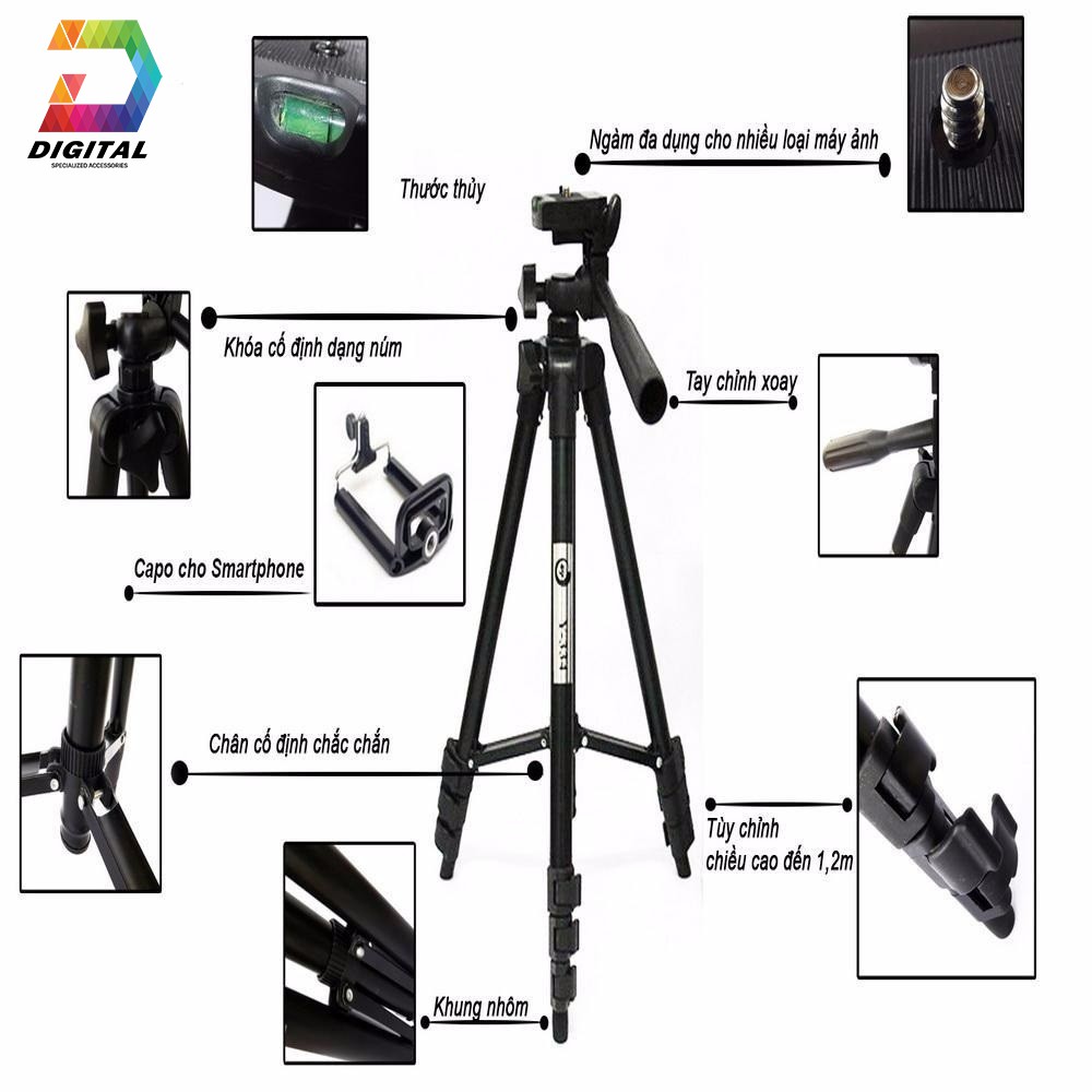 Gậy Chụp Hình Tripod 3 Chân Thân Nhôm TF 3120 Cho Điện Thoại, Máy Ảnh Chuẩn Loại 1