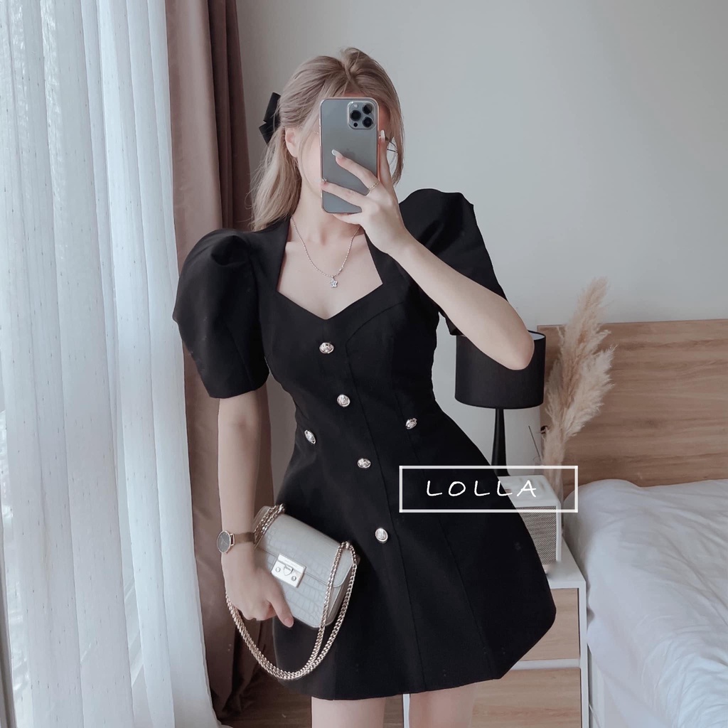 : Váy đầm cộc tay khuy ngọc dáng xòe chữ A tiểu thư siêu xinh LOLLA_FASHION