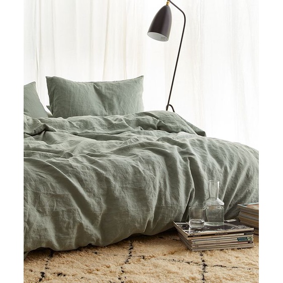 Anam home - set ga giường và vỏ gối cao cấp linen premium100%  màu xanh olive