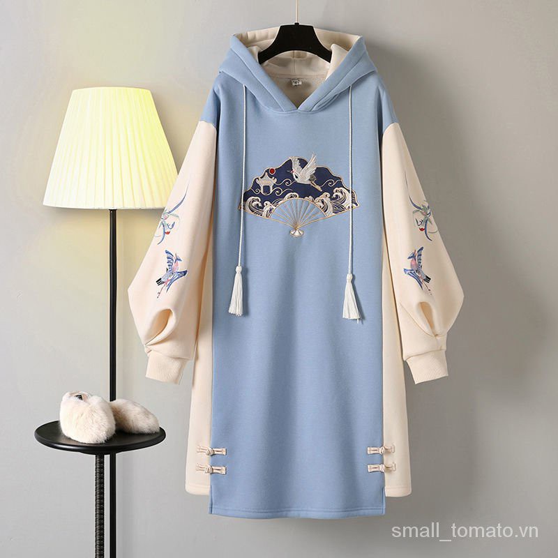 Women's Dress Chinese Style Autumn and Winter Han Chinese Clothing Cheongsam Improved Embroidery Tang Suit2020New Hooded Sweater Dress Female