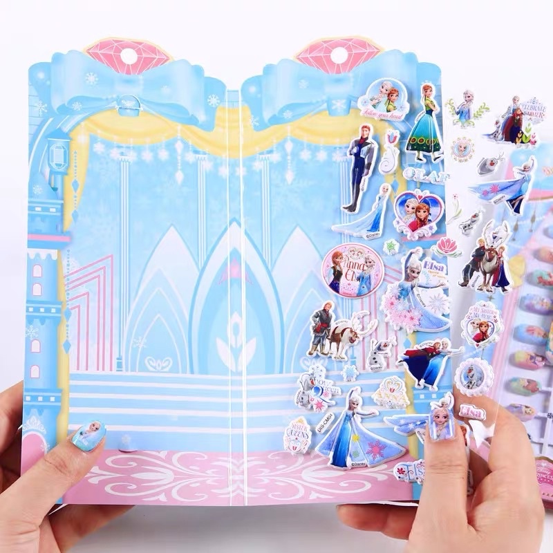 Bộ 20 móng tay giả kèm sticker   nổi  3D  in hình công chúa và dũa móng cho bé