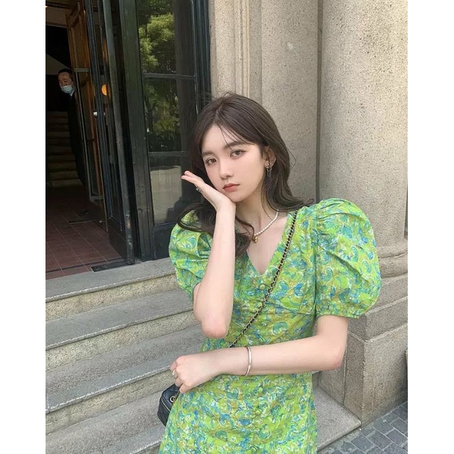 ĐẦM NỮ HOA NHÍ TAY PHỒNG MÀU XANH LÁ / VÁY TAY PHỒNG DÁNG ÔM BODY CÓ CÚC MÀU XANH LÁ HOA NHÍ