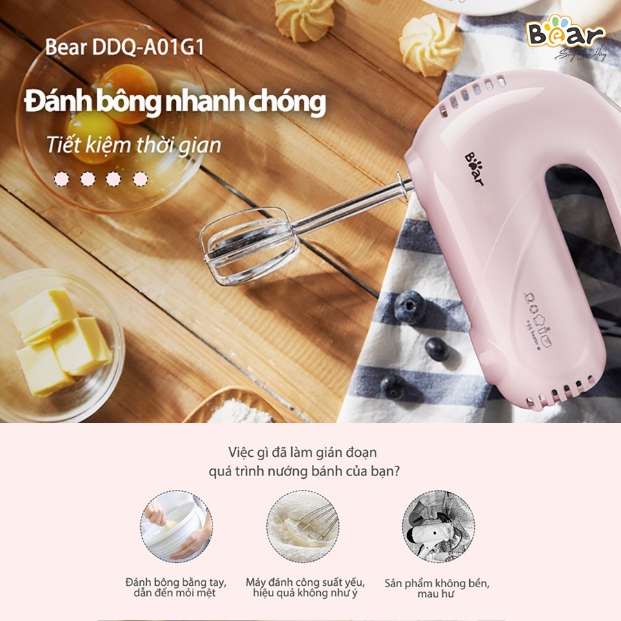 [Mã ELHAMS5 giảm 6% đơn 300K] Máy đánh trứng máy đánh kem cầm tay Bear DDQ-A01G1 màu hồng chính hãng