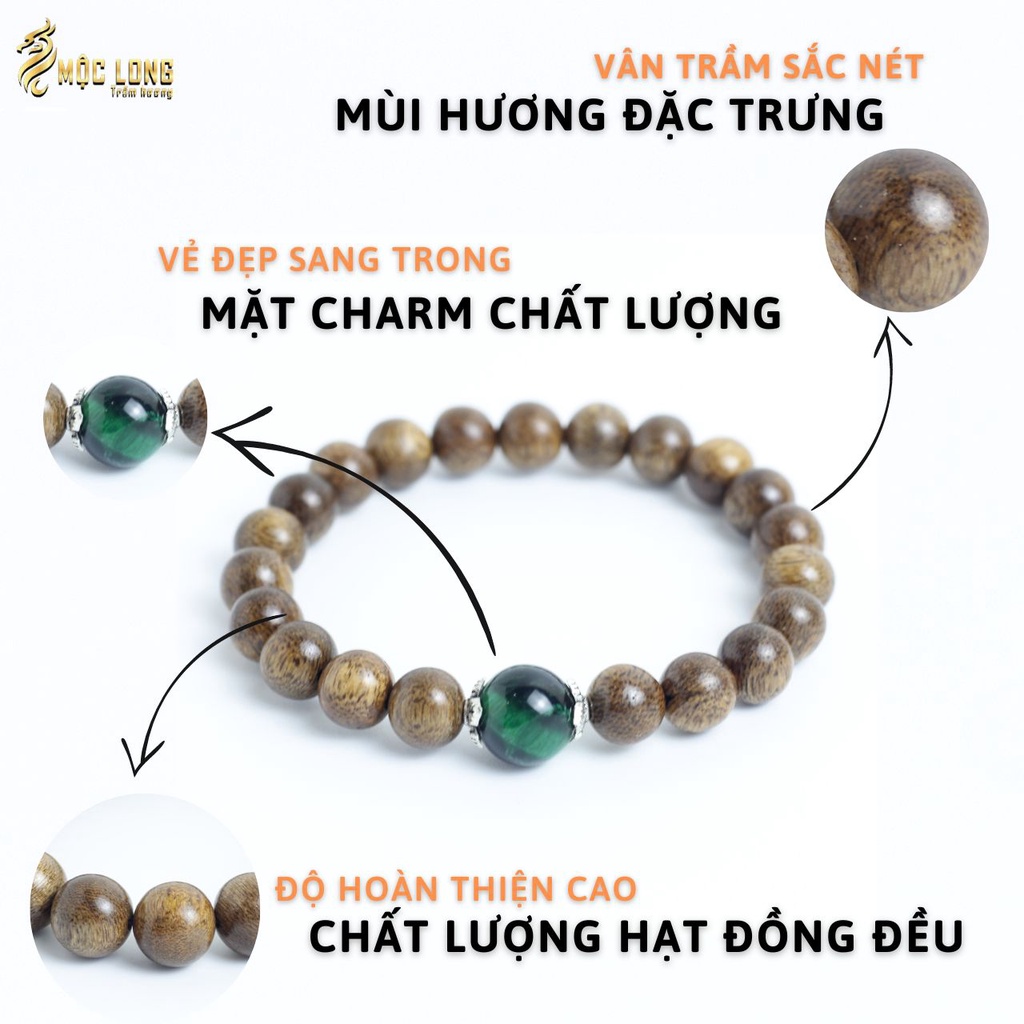 Vòng trầm hương mix charm đá phong thủy Mộc Long Trầm Hương chính hãng chuẩn Trầm Tốc đủ size hạt 6 7 8 10 mm