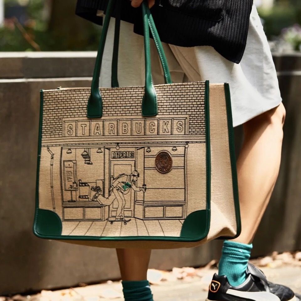 Starbucks 2021 limited collection 50th anniversary Vintage Linen letter canvas bag large capacity one shoulder handbag