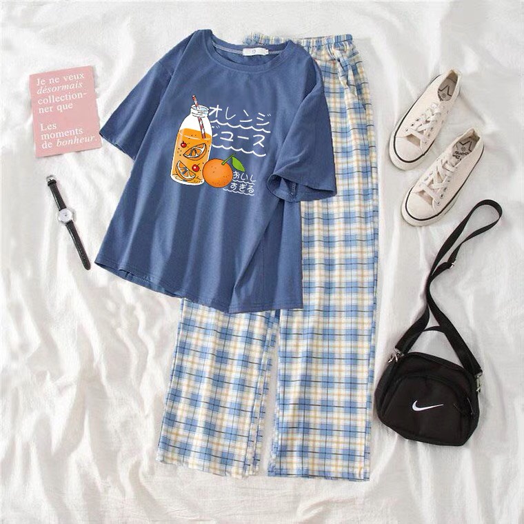 Sét Áo Nước cam + quần kẻ karo xanh, Áo thun from rộng, Chất đẹp không xù, quần suông ống rộng, Sét bộ mặc ở nhà - MODY
