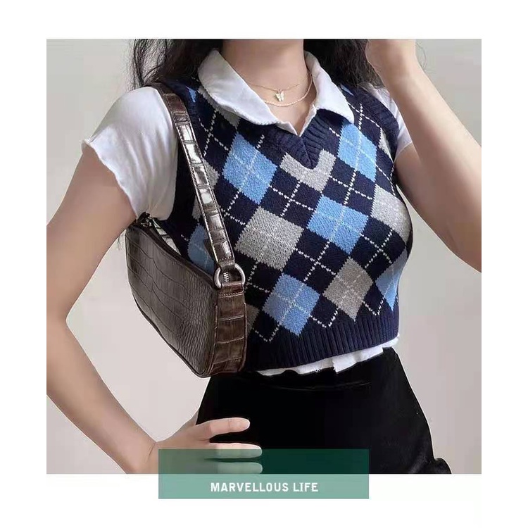 DUNEA Áo dệt kim cổ chữ V đính đá phong cách retro Hàn Quốc