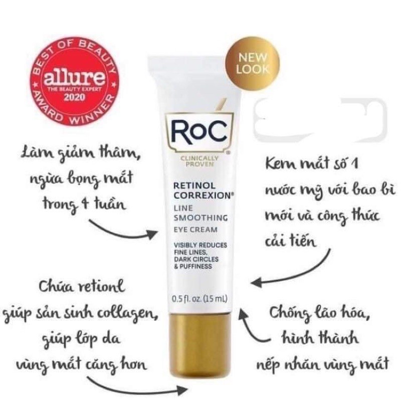 [KÉO XEM BILL] Set kem mắt ROC Retinol Eyecream kèm viên nang huyết thanh chống lão hoá Retinol