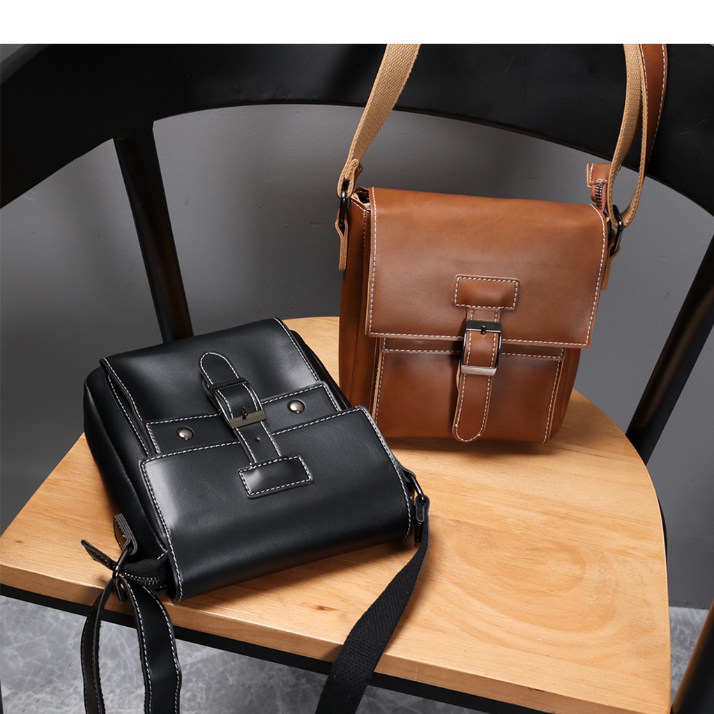 Túi xách nam đeo chéo da trơn chỉ nổi cặp nam hai ngăn thời trang màu đen bóp đeo ngực Hàn Quốc MINA