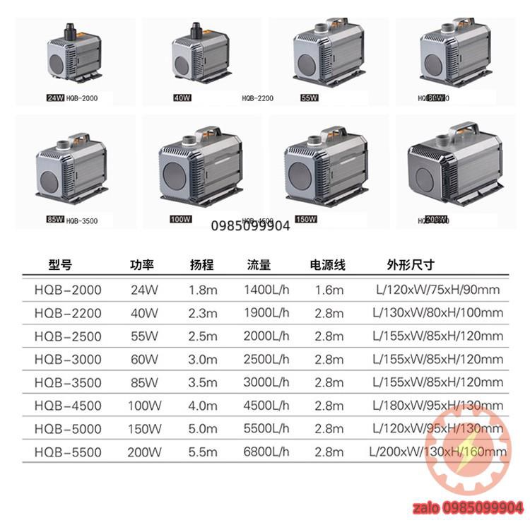 Máy bơm chìm bể cá koi vườn tưới thuỷ canh hoặc hút mặt bể cá không chổi than 220v HQB 24W 2000 55W 2500 60W 3000 sobo