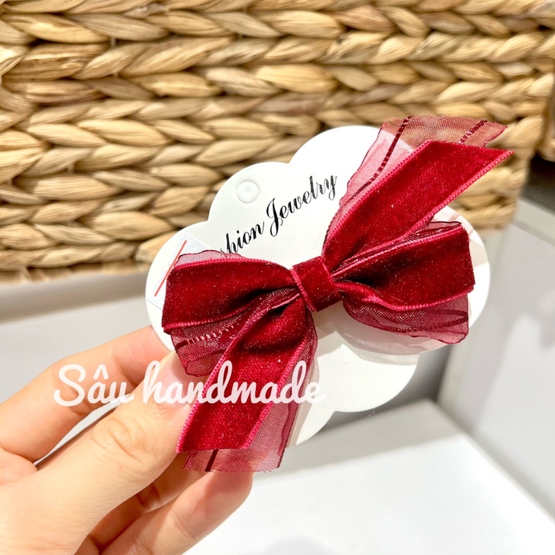 Kẹp tóc nơ ren nhung handmade cho bé