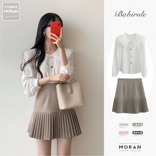 (ORDER) Set áo sơ mi MORAN cổ bẻ búp bê+ Chân váy xòe ngắn xếp ly tiểu thư thanh lịch (HÀNG MỚI VỀ)