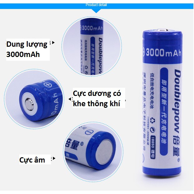 Bộ 2 Pin sạc dung lượng cao Doublepow 18650 3.7V 3000mAh