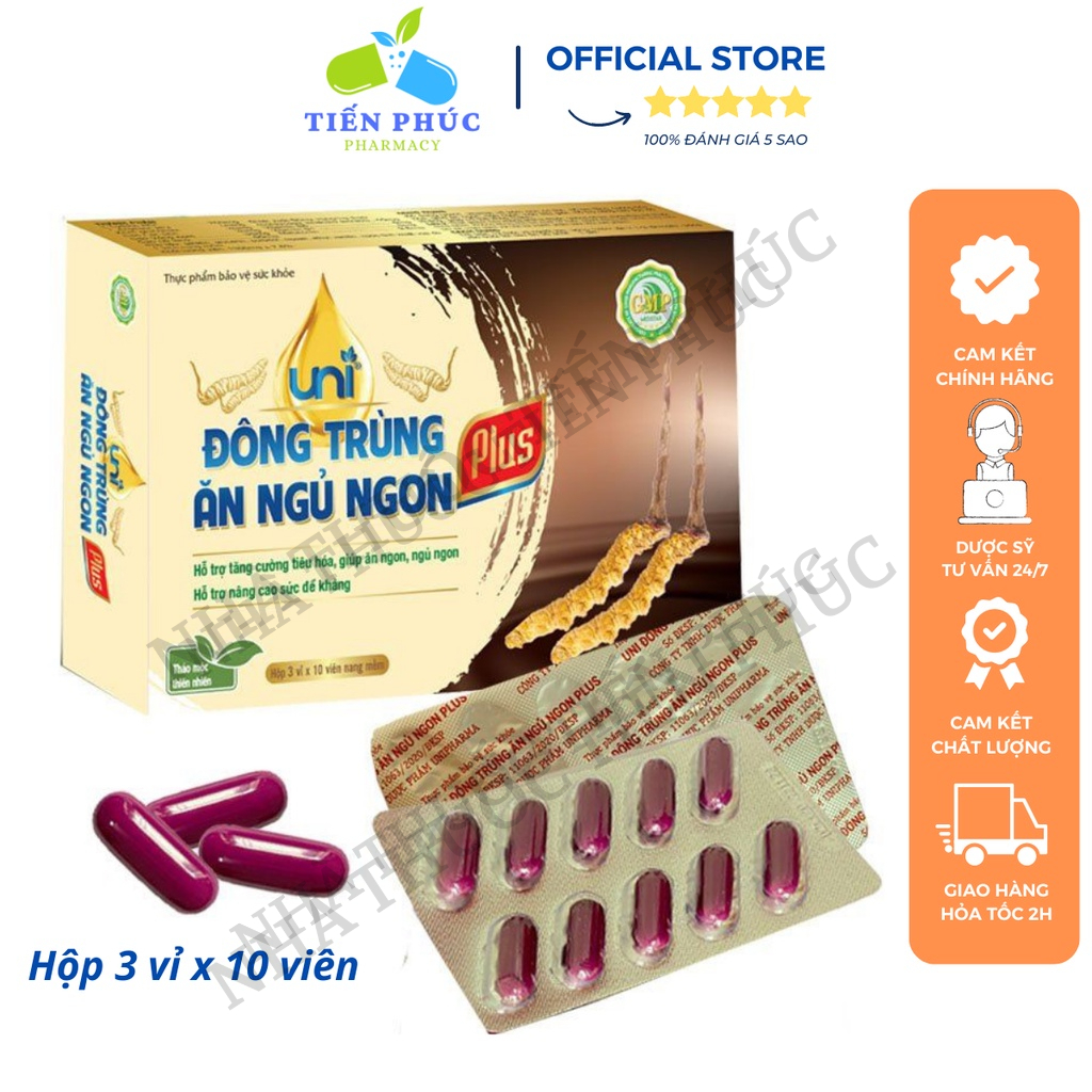 Uni đông trùng ăn ngủ ngon plus - Giúp, ăn ngon, ngủ ngon, tăng đề kháng, giảm tình trạng mất ngủ Hộp 30 viên