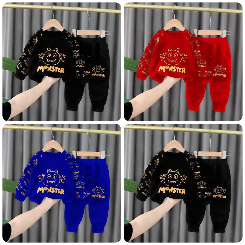 Bộ quần áo thu đông "MONSTER" 7-17kg cho bé trai 1-5 tuổi. Ấm áp, co giãn tốt. Hàng may kỹ.